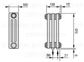 Схема (чертеж) Радиатор Zehnder Charleston 3057/3 №5510 Белый глянцевый RAL 9016